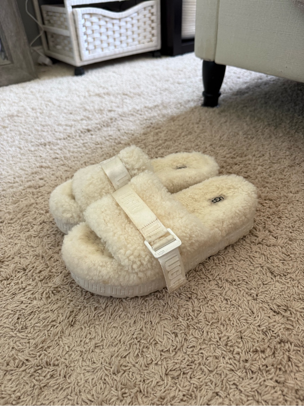 Ugg Cream Shearling Slide Sandals With Branded Strap